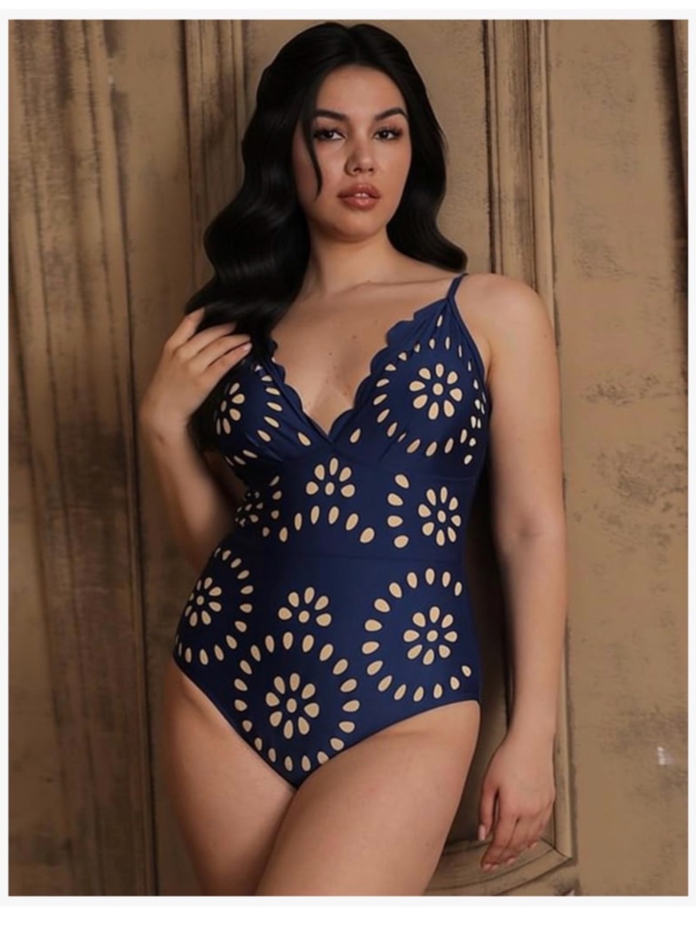 Flaxmaker One Piece Petal Hollow V Neck Swimsuit and Skirt Blue XL NWT - Picture 4 of 11